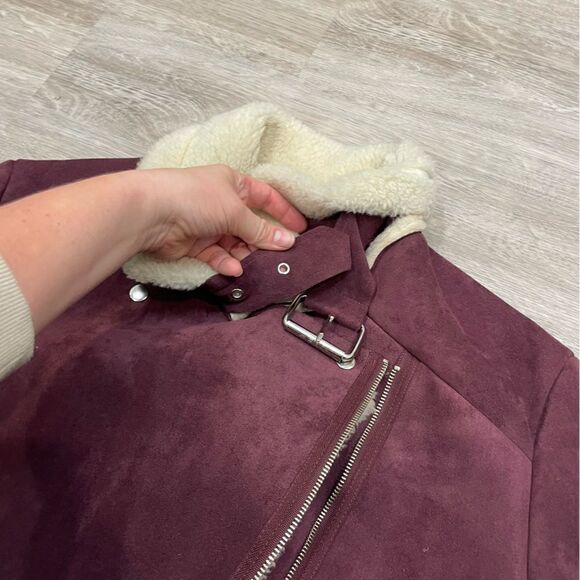 Zig Zag Faux Shearling Bomber Jacket Short Biker Zipper Jacket Leather Aviator - Picture 3 of 9